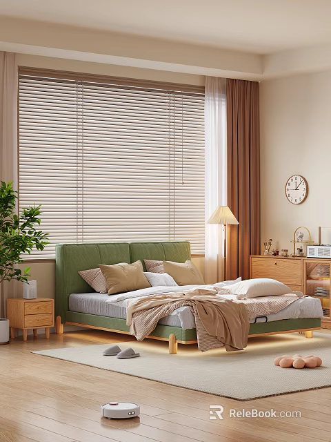 Green Upholstered Headboard Double Bed with Wooden Blinds Brown Curtains Bedside Table and Floor Lamp 3d model 