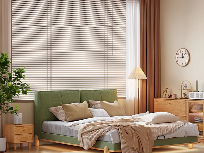 Green Upholstered Headboard Double Bed with Wooden Blinds Brown Curtains Bedside Table and Floor Lamp 3d model