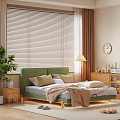 Green Upholstered Headboard Double Bed with Wooden Blinds Brown Curtains Bedside Table and Floor Lamp