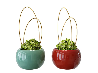 Two Green And Red Ceramic Potted Plants With Golden Metal Rings And Fresh Green Foliage 3d model