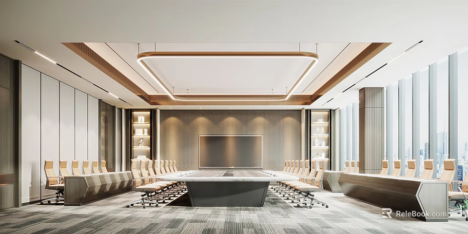 Modern Conference Room With Long Table Large Screen And Bookshelves 3d model 