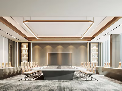 Modern Conference Room With Long Table Large Screen And Bookshelves 3d model