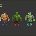 Three Armored Scifi Character Models With Red Yellow White Designs Standing On Reflective Surface