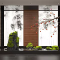 Oriental Indoor Landscape Design With Bamboo Red Fruit Branches Rockery And Greenery