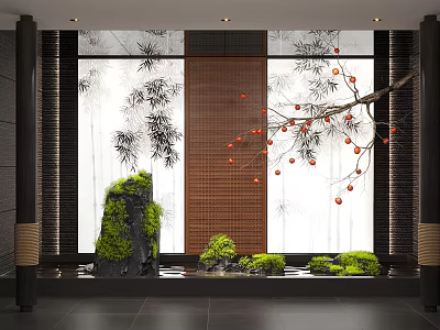 Oriental Indoor Landscape Design With Bamboo Red Fruit Branches Rockery And Greenery 3d model