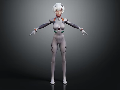 3D Model Of Futuristic Sci Fi Character With White Hair Gray Bodysuit Green Red Accents 3d model