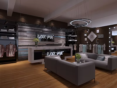 Stylish Clothing Store Interior Featuring Wooden Wall Display Racks Sofa Seating And Chandelier Lighting 3d model