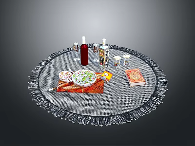 Tasty Assorted Food Platter On Round Table With Fringed Tablecloth Drinks And Condiments 3d model