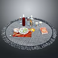 Tasty Assorted Food Platter On Round Table With Fringed Tablecloth Drinks And Condiments