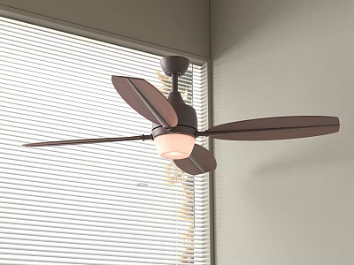 Modern Ceiling Fan Light With Dark Blades And Round Lamp Near Window With Blinds 3d model
