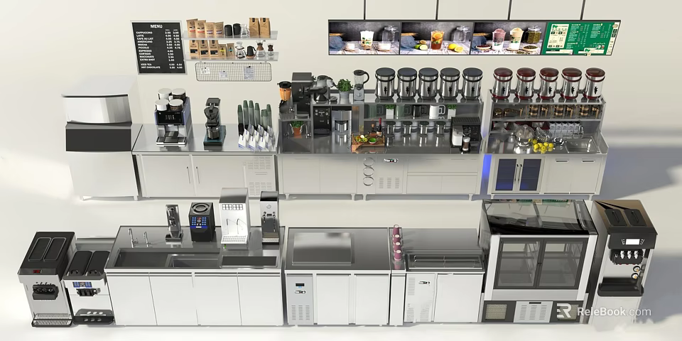 Commercial Kitchen Commercial Equipment Layout With Coffee Machines Freezers Workstations And Storage Cabinets 3d model 