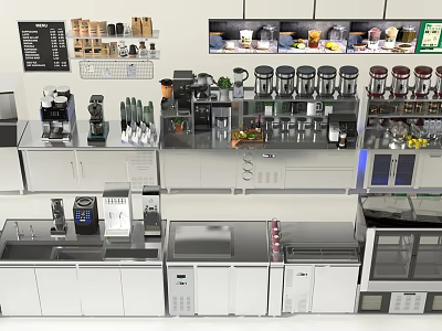 Commercial Kitchen Commercial Equipment Layout With Coffee Machines Freezers Workstations And Storage Cabinets 3d model