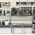 Commercial Kitchen Commercial Equipment Layout With Coffee Machines Freezers Workstations And Storage Cabinets