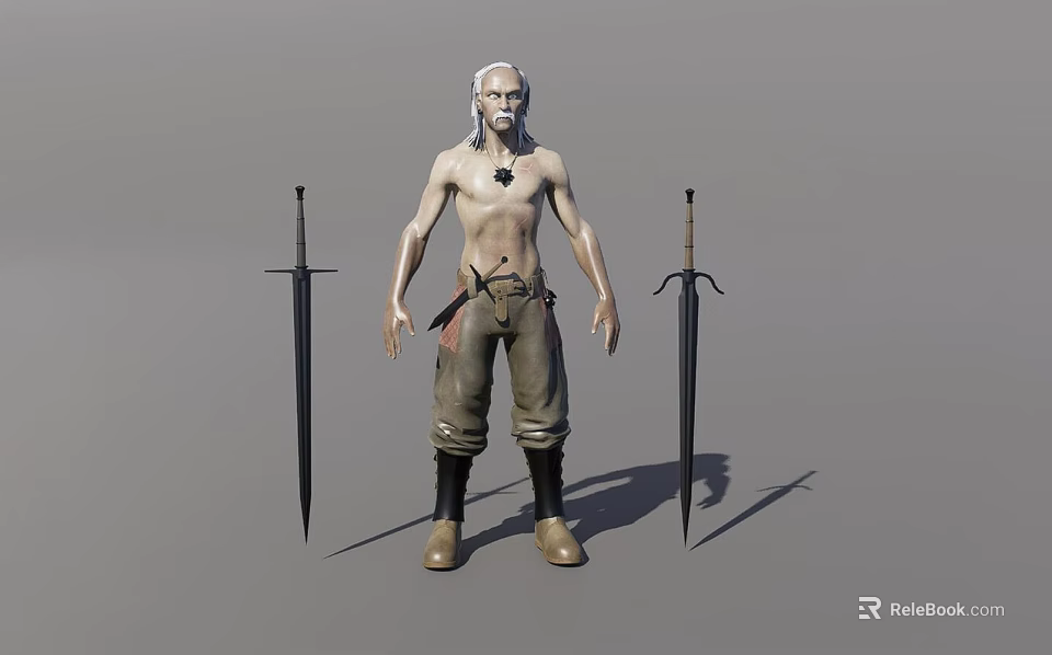 Shirtless White Haired Bearded Man In Brown Pants Black Boots With Two Swords On Ground 3d model 