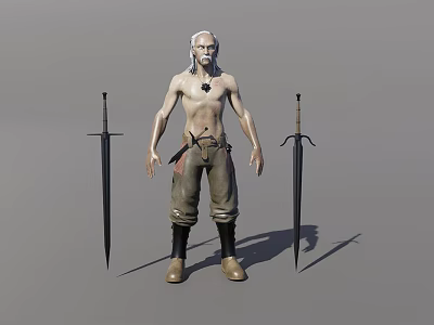 Shirtless White Haired Bearded Man In Brown Pants Black Boots With Two Swords On Ground 3d model