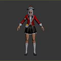 3D Game Character Wearing Red Coat Black Pleated Skirt With Hat Badge And White Socks