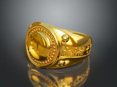 Luxury Gold Men's Ring With Round Center Gemstone And Intricate Engraved Patterns 3d model