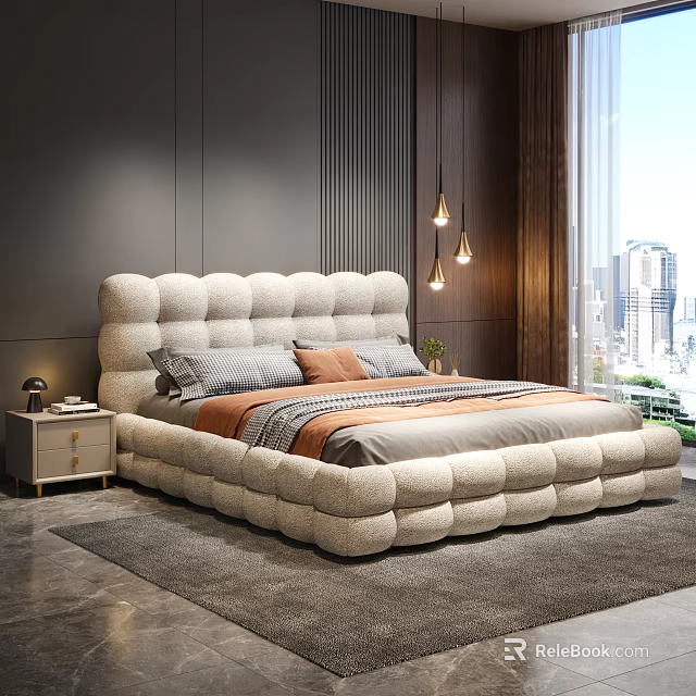 Modern Cozy Bedroom With Tufted Headboard City View Pendant Lights And Rug 3d model 