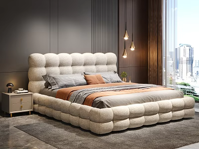 Modern Cozy Bedroom With Tufted Headboard City View Pendant Lights And Rug 3d model
