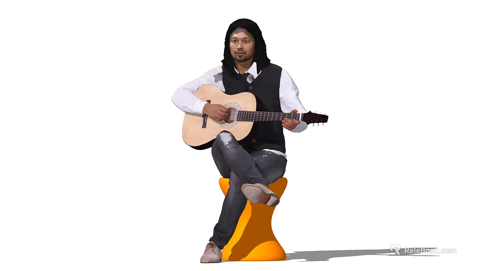 A Man Playing Acoustic Guitar Sitting On Orange Stool Wearing White Shirt And Black Vest 3d model 