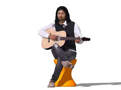 A Man Playing Acoustic Guitar Sitting On Orange Stool Wearing White Shirt And Black Vest 3d model