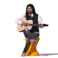 A Man Playing Acoustic Guitar Sitting On Orange Stool Wearing White Shirt And Black Vest