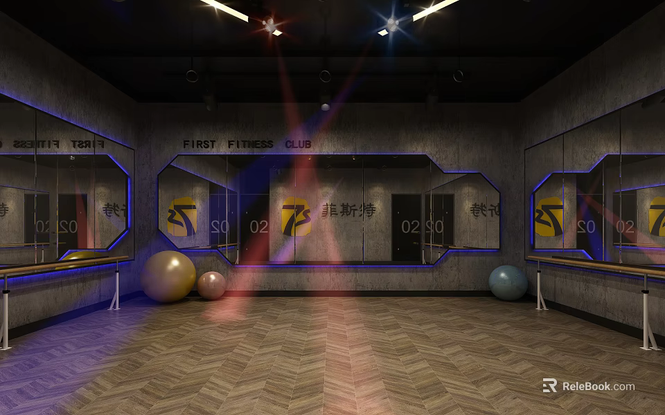 Modern Fitness Club Interior With Mirrored Walls Exercise Balls Wooden Floor And Lighting 3d model 