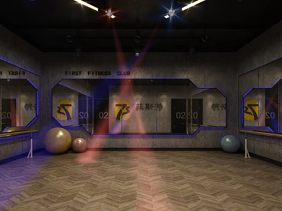 Modern Fitness Club Interior With Mirrored Walls Exercise Balls Wooden Floor And Lighting 3d model