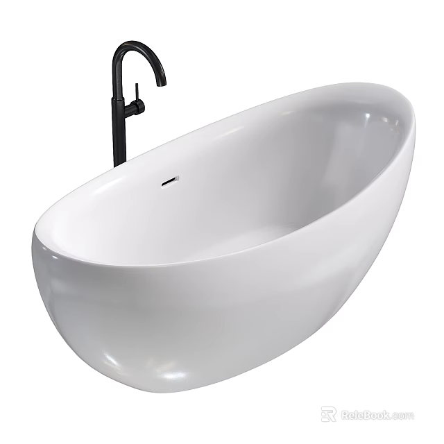 White Freestanding Bathtub With Modern Oval Design And Black Faucet 3d model 