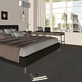 Modern Bedroom Double Bed With Leather Headboard Nightstand Table Lamp Window Rug And Decorative Art