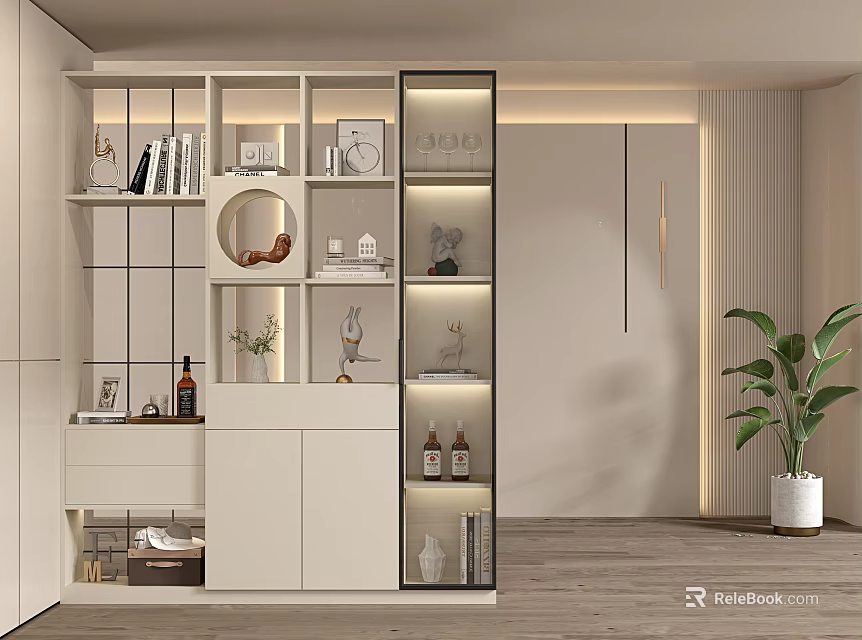 Modern Entryway Hallway Interior With Storage Cabinet Decorative Shelves Green Plant And Ambient Lighting 3d model 