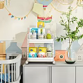 Double Layer Storage Shelf With Jars Bottles And Green Plant In Kids Room