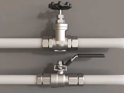 Metal Gate And Ball Valves Installed On White Pipes With Gray Background 3d model
