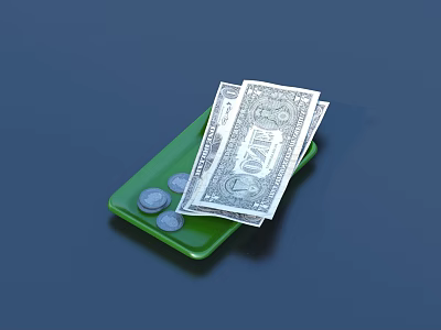Green Tray With US Dollar Bills And Coins For Household Storage 3d model