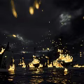 Burning Wooden Ships on Night Sea Surface with Flames and Dark Sky