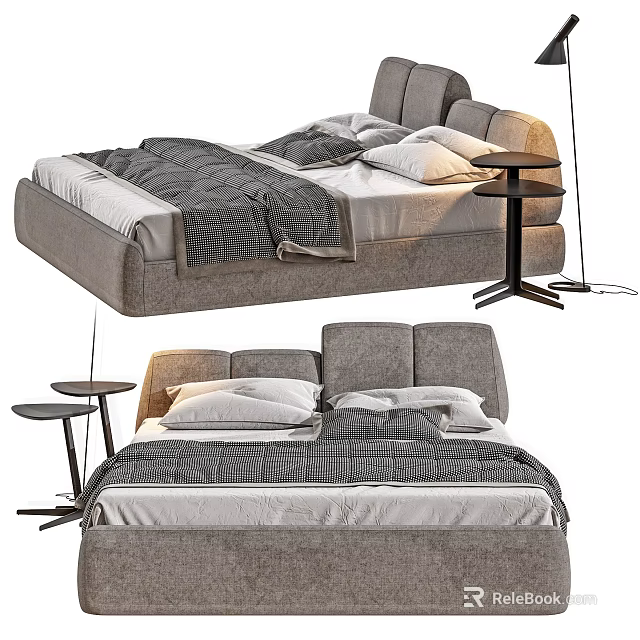 Modern Double Bed With Upholstered Headboard Gray Bedding And Side Table 3d model