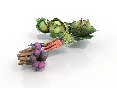 Fresh Colorful Carrots and Brussels Sprouts with Purple Orange Bunched Fresh Vegetables 3d model