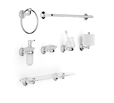 Modern Bathroom Accessories Including Towel Ring Bar Soap Dish Toothbrush Holder Glass Shelf 3d model