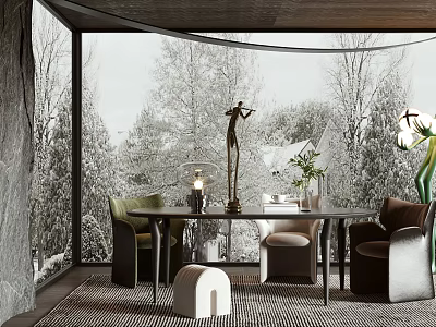 Elegant Modern Dining Table Set With Chairs Large Windows And Snowy View Outside 3d model