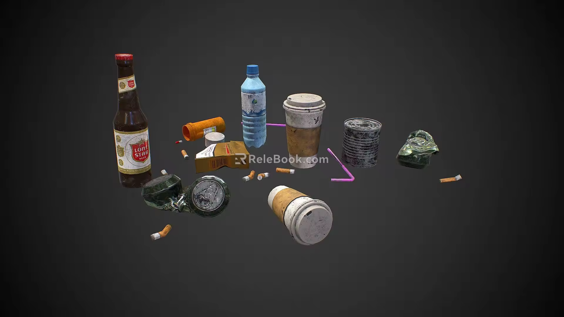 daily necessities combination daily necessities cans old cigarette butts bottles plastic straw cans coffee cups 3d model