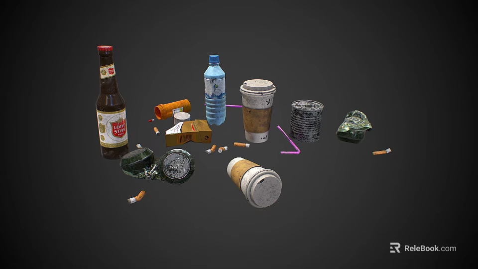 Discarded Everyday Items Including Beer Bottle Plastic Bottle Coffee Cup Cans And Cigarette Butts 3d model 
