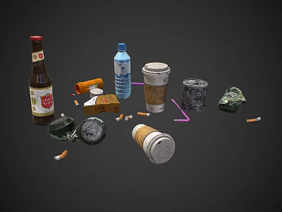Discarded Everyday Items Including Beer Bottle Plastic Bottle Coffee Cup Cans And Cigarette Butts 3d model