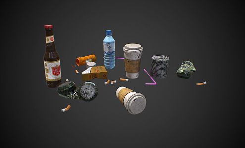 daily necessities combination daily necessities cans old cigarette butts bottles plastic straw cans coffee cups 3d model