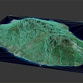 Island Terrain 3D Model with Mountainous Landforms Coastal Areas Green Vegetation and Blue Ocean
