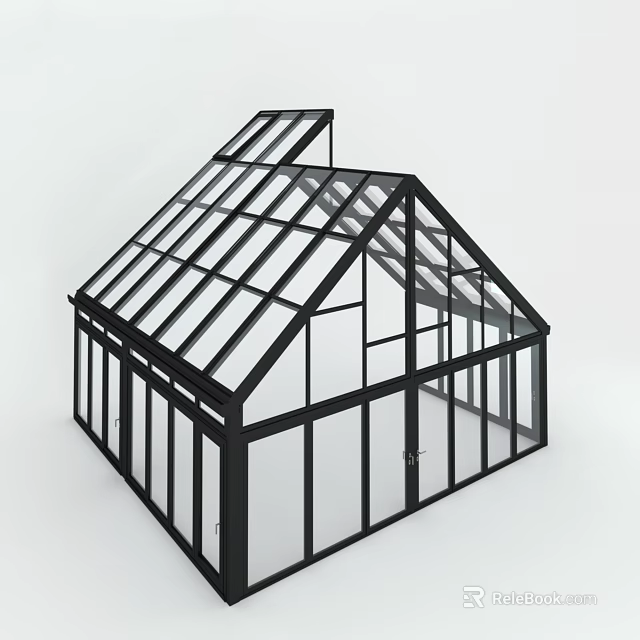 Greenhouse Building Component With Black Structural Frame And Transparent Glass Panels 3d model 