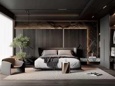 Modern Dark Bedroom With Wooden Panel Wall Marble Accents King Bed Armchair And Potted Plant 3d model