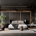 Modern Dark Bedroom With Wooden Panel Wall Marble Accents King Bed Armchair And Potted Plant