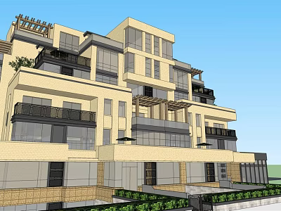 Modern Multi Storey Building Exterior Featuring Glass Facades Balconies And Greenery Design 3d model