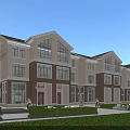 Modern Townhouse Exterior Design With Brick And Beige Facade Green Lawns And Trees