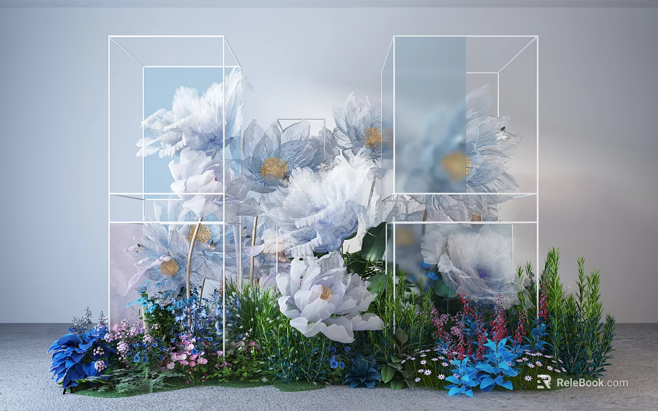 Floral Installation with Transparent Cube Frames White Blue Flowers and Green Plants 3d model